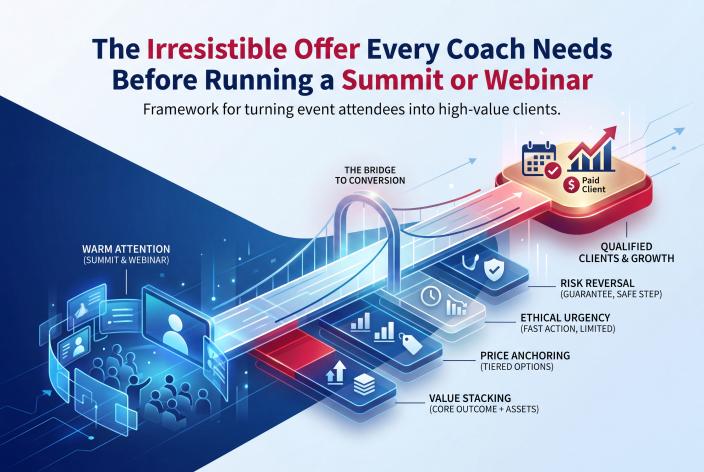 Feature graphic for The Irresistible Offer Every Coach Needs Before Running a Summit or Webinar. Learn how coaches can create a summit or webinar offer that turns warm attention into qualified calls and paying clients.