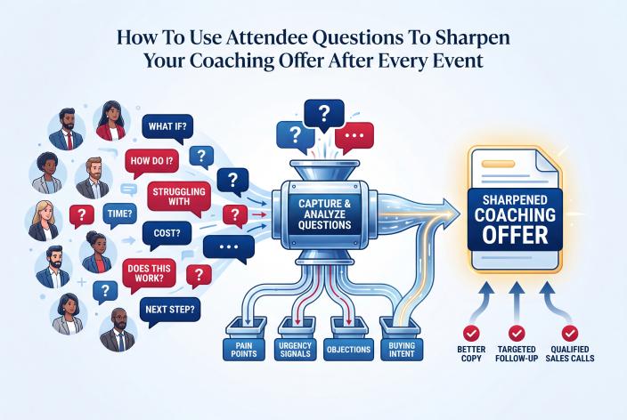 Feature graphic for How To Use Attendee Questions To Sharpen Your Coaching Offer After Every Event. Learn how to use event questions to refine your coaching offer, improve follow-up, and create better qualified sales conversations.