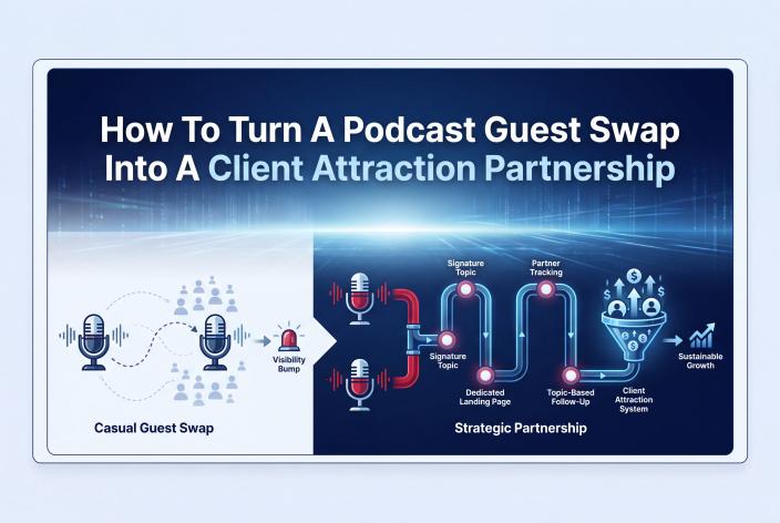 Feature graphic for How To Turn A Podcast Guest Swap Into A Client Attraction Partnership. Learn how coaches can turn podcast guest swaps into partner-powered client attraction systems with landing pages, tracking, and follow-up.