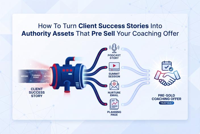 Feature graphic for How To Turn Client Success Stories Into Authority Assets That Pre Sell Your Coaching Offer. Learn how to turn client wins into ethical authority assets that build trust before prospects book a coaching call.