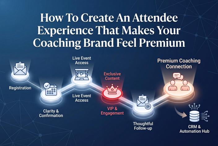 Feature graphic for How To Create An Attendee Experience That Makes Your Coaching Brand Feel Premium. Design a polished event attendee journey that builds trust, supports follow-up, and leads warmer prospects toward coaching conversations.