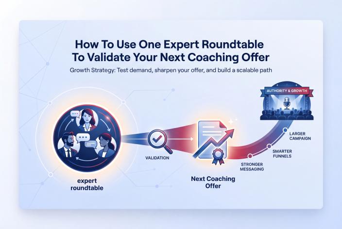 Feature graphic for How To Use One Expert Roundtable To Validate Your Next Coaching Offer. Use a small expert roundtable to test demand, sharpen your offer, and plan your next client attraction campaign.