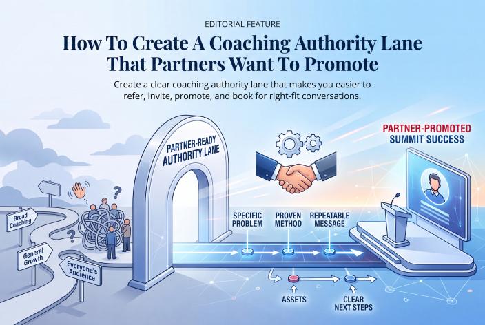 Feature graphic for How To Create A Coaching Authority Lane That Partners Want To Promote. Create a clear coaching authority lane that makes you easier to refer, invite, promote, and book for right-fit conversations.