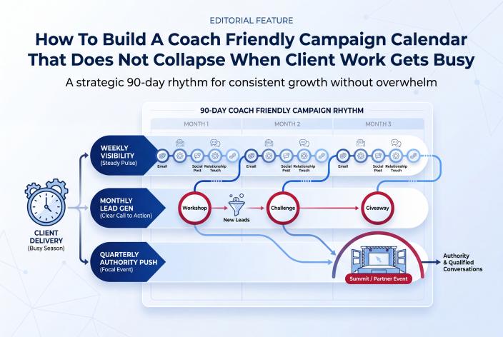 Feature graphic for How To Build A Coach Friendly Campaign Calendar That Does Not Collapse When Client Work Gets Busy. Create a 90-day campaign rhythm that keeps visibility, nurture, events, and follow-up moving while you serve clients.