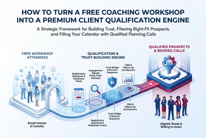 Feature graphic for How To Turn A Free Coaching Workshop Into A Premium Client Qualification Engine. Design a free coaching workshop that builds trust, filters for right-fit prospects, and leads warm attendees toward qualified calls.