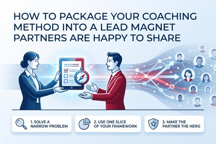 Feature graphic for How To Package Your Coaching Method Into A Lead Magnet Partners Are Happy To Share. Learn how to turn your coaching method into a partner-friendly lead magnet that builds trust and creates qualified follow-up.