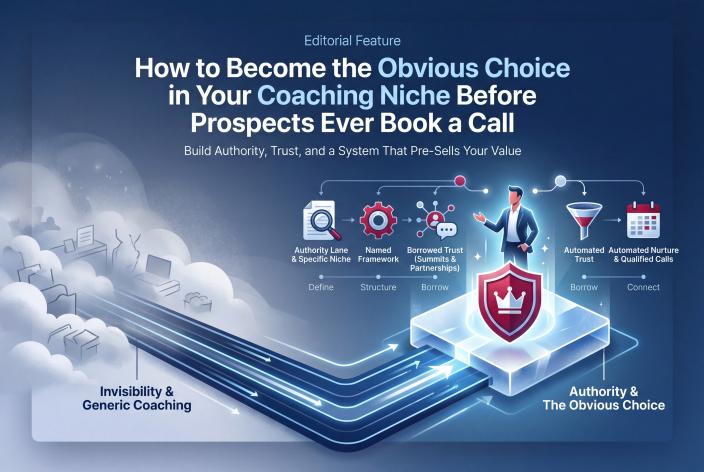 Feature graphic for How to Become the Obvious Choice in Your Coaching Niche Before Prospects Ever Book a Call. Learn how coaches can build authority, trust, and follow-up so prospects arrive warmer before the sales call.