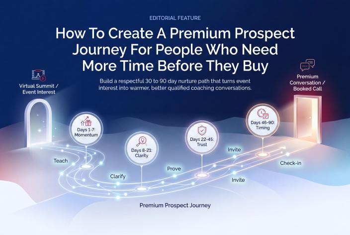 Feature graphic for How To Create A Premium Prospect Journey For People Who Need More Time Before They Buy. Build a respectful 30 to 90 day nurture path that turns event interest into warmer, better qualified coaching conversations.