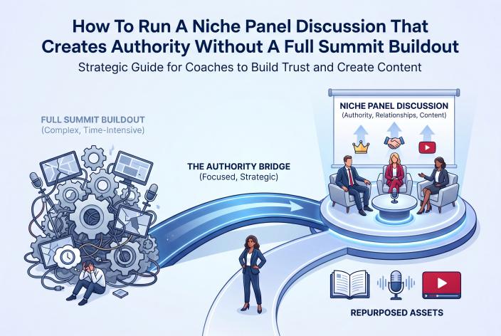 Feature graphic for How To Run A Niche Panel Discussion That Creates Authority Without A Full Summit Buildout. Learn how coaches can use a focused expert panel to build authority, create content, and start better client conversations.