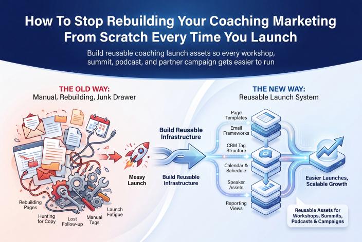 Feature graphic for How To Stop Rebuilding Your Coaching Marketing From Scratch Every Time You Launch. Build reusable coaching launch assets so every workshop, summit, podcast, giveaway, and partner campaign gets easier to run.