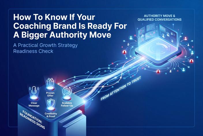 Feature graphic for How To Know If Your Coaching Brand Is Ready For A Bigger Authority Move. A practical readiness check for coaches deciding whether to grow through summits, podcasts, workshops, or partner campaigns.