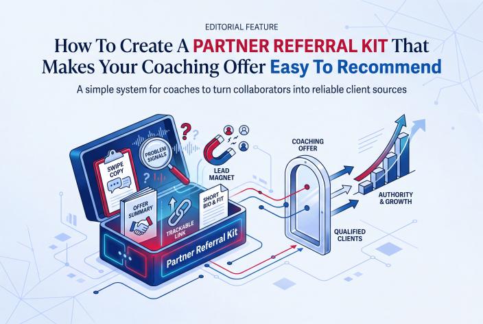 Feature graphic for How To Create A Partner Referral Kit That Makes Your Coaching Offer Easy To Recommend. Create a simple partner referral kit that helps collaborators recommend your coaching offer clearly, naturally, and measurably.