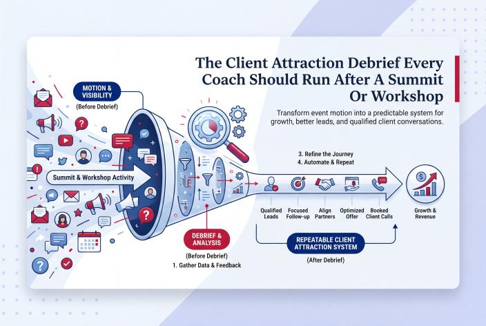 Feature graphic for The Client Attraction Debrief Every Coach Should Run After A Summit Or Workshop. Learn how to debrief a summit or workshop so your next campaign creates better leads, follow-up, and client conversations.