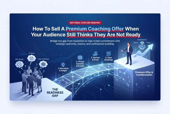 Feature graphic for How To Sell A Premium Coaching Offer When Your Audience Still Thinks They Are Not Ready. Learn how to sell premium coaching to right-fit prospects who like your offer but still feel too early, unsure, or overwhelmed.