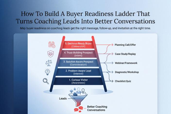 Feature graphic for How To Build A Buyer Readiness Ladder That Turns Coaching Leads Into Better Conversations. Map buyer readiness so coaching leads get the right message, follow-up, and invitation at the right time.