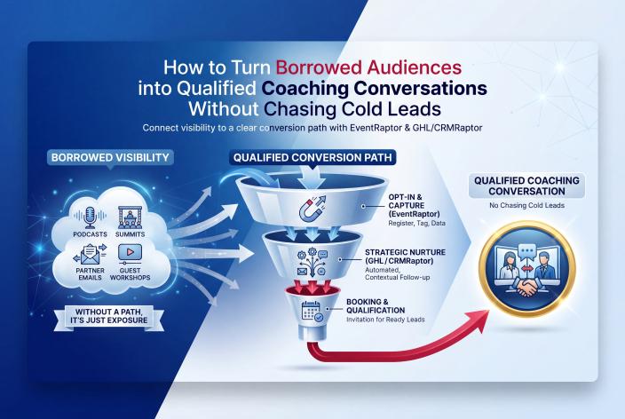 Feature graphic for How to Turn Borrowed Audiences into Qualified Coaching Conversations Without Chasing Cold Leads. Learn how coaches can turn partner visibility into warm leads, follow-up, and qualified sales conversations.