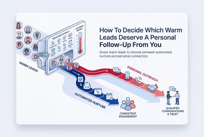 Feature graphic for How To Decide Which Warm Leads Deserve A Personal Follow-Up From You. Learn how coaches can score warm leads and choose when automation or personal follow-up should take over.