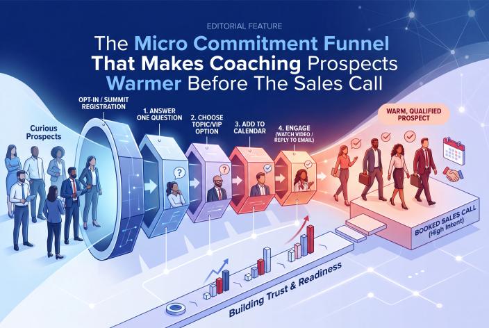 Feature graphic for The Micro Commitment Funnel That Makes Coaching Prospects Warmer Before The Sales Call. Build a micro commitment funnel that warms coaching prospects with small yeses before inviting them into a sales conversation.