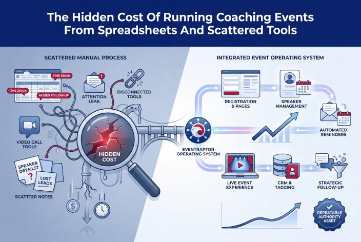 Feature graphic for The Hidden Cost Of Running Coaching Events From Spreadsheets And Scattered Tools. Manual event management drains time, weakens follow-up, and makes coaching events harder to repeat and improve.