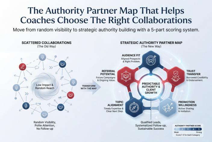 Feature graphic for The Authority Partner Map That Helps Coaches Choose The Right Collaborations. Choose better podcast hosts, summit speakers, referral partners, and collaborators with a practical authority partner map.