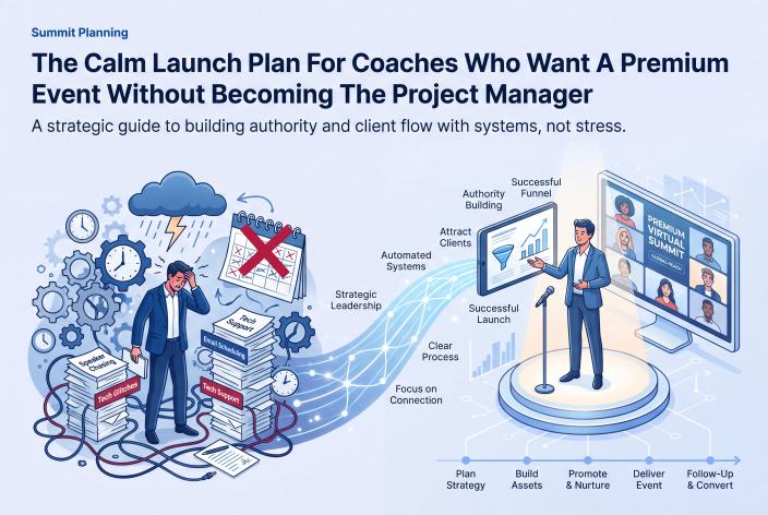 Feature graphic for The Calm Launch Plan For Coaches Who Want A Premium Event Without Becoming The Project Manager. A practical launch plan for coaches who want a premium event that builds authority without managing every moving part themselves.