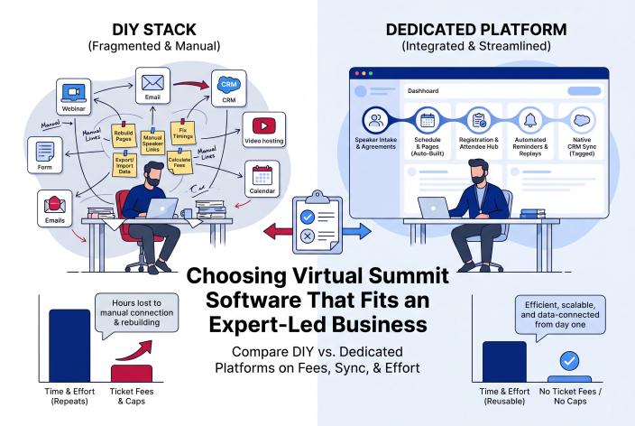 Feature graphic for Choosing Virtual Summit Software That Fits an Expert-Led Business. Choose virtual summit software by listing the jobs a summit creates, then scoring each option on fees, speaker tools, CRM sync and repeat effort.