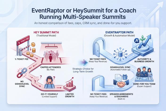 Feature graphic for EventRaptor or HeySummit for a Coach Running Multi-Speaker Summits. EventRaptor or HeySummit? An honest comparison of ticket fees, attendee caps, GoHighLevel sync, speaker agreements and done-for-you help for coaches.
