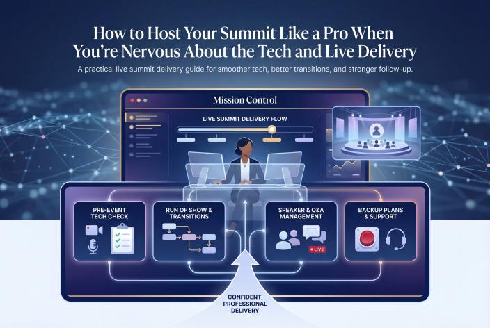 Feature graphic for How to Host Your Summit Like a Pro When You’re Nervous About the Tech and Live Delivery. A practical live summit delivery guide for coaches who want smoother tech, better transitions, and stronger follow-up.