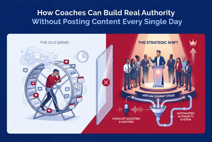 Feature graphic for How Coaches Can Build Real Authority Without Posting Content Every Single Day. Discover how coaches build lasting authority through strategic visibility, summits, and podcasts instead of burning out on daily content creation.