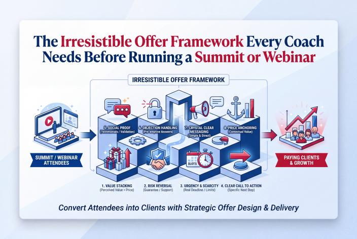 Feature graphic for The Irresistible Offer Framework Every Coach Needs Before Running a Summit or Webinar. Learn the eight components of an irresistible offer that removes buying resistance and turns summit or webinar attendees into paying clients.