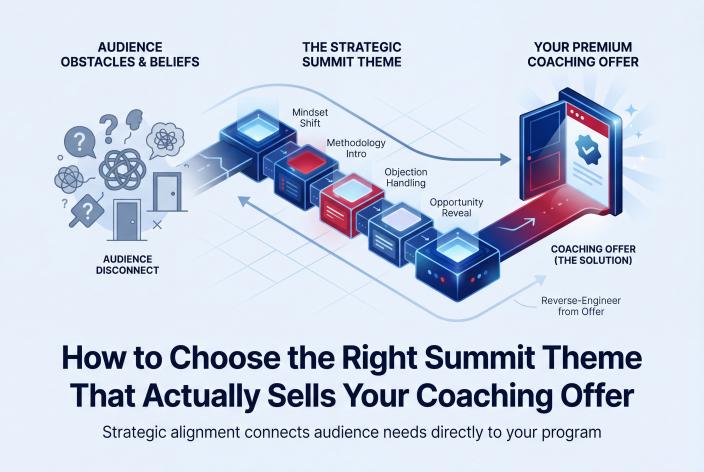 Feature graphic for How to Choose the Right Summit Theme That Actually Sells Your Coaching Offer. Learn how to reverse-engineer your virtual summit theme from your coaching offer so every session moves attendees closer to buying.