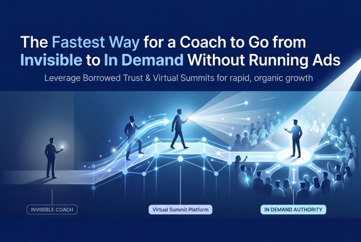 Feature graphic for The Fastest Way for a Coach to Go from Invisible to In Demand Without Running Ads. Learn how coaches can build visibility and demand by borrowing trust through virtual summits and strategic speaking.