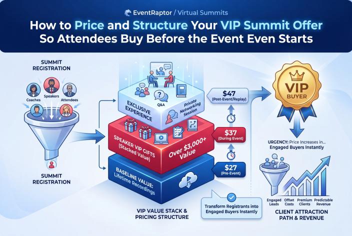 Feature graphic for How to Price and Structure Your VIP Summit Offer So Attendees Buy Before the Event Even Starts. Learn how to build a VIP summit offer with smart pricing, real urgency, and stacked value that supports the client attraction path.