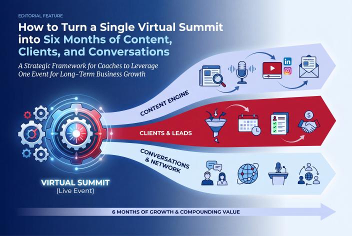 Feature graphic for How to Turn a Single Virtual Summit into Six Months of Content, Clients, and Conversations. A single virtual summit can fuel your coaching business for six months when you repurpose recordings, nurture leads, and leverage speaker relationships.