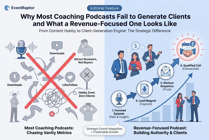 Feature graphic for Why Most Coaching Podcasts Fail to Generate Clients and What a Revenue-Focused One Looks Like. Most coaching podcasts attract listeners but zero clients. Here's how to build a show that actually drives revenue.