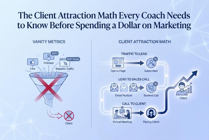 Feature graphic for The Client Attraction Math Every Coach Needs to Know Before Spending a Dollar on Marketing. Master the metrics that drive predictable client acquisition and stop wasting money on marketing that doesn't convert.