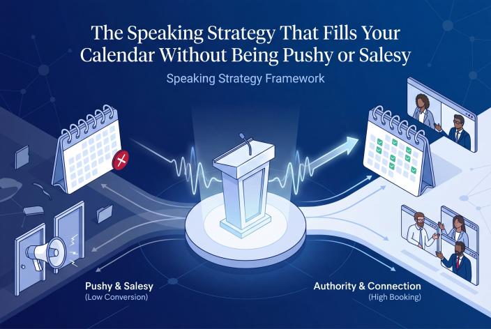 Feature graphic for The Speaking Strategy That Fills Your Calendar Without Being Pushy or Salesy. Master the speaking framework that positions you as the expert, builds trust, and naturally fills your calendar with premium clients.