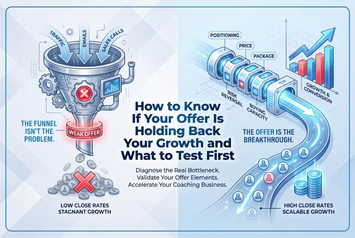Feature graphic for How to Know If Your Offer Is Holding Back Your Growth and What to Test First. Diagnose whether your coaching offer is the real bottleneck stopping growth and learn what to test first.