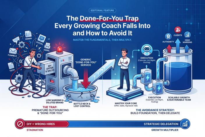 Feature graphic for The Done-For-You Trap Every Growing Coach Falls Into and How to Avoid It. Learn which tasks to delegate, when to hire help, and how to build a sustainable team without destroying your margins or brand.
