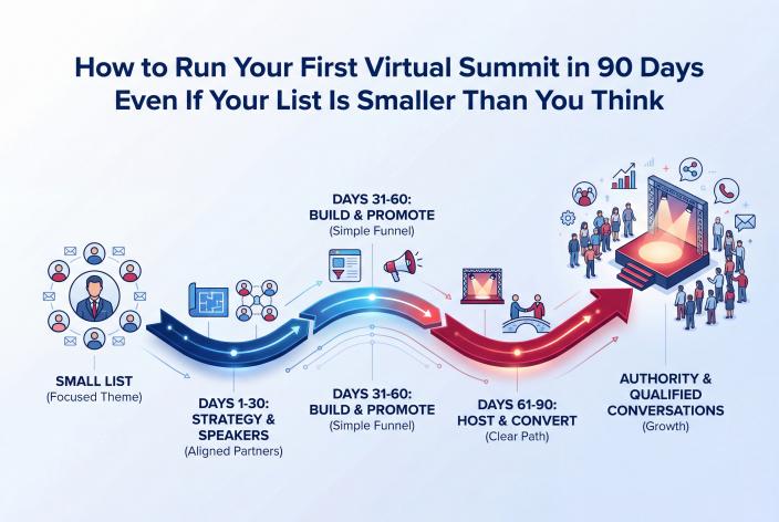 Feature graphic for How to Run Your First Virtual Summit in 90 Days Even If Your List Is Smaller Than You Think. Learn how coaches can run a first virtual summit in 90 days with a small list, smart speaker promotion, and a clear client conversion path.