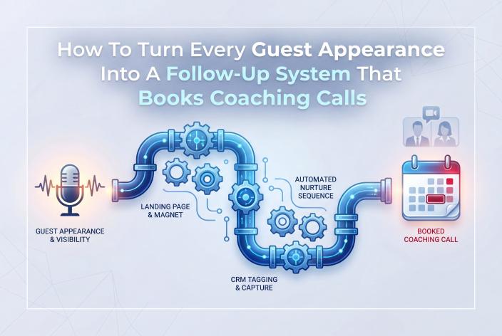 Feature graphic for How To Turn Every Guest Appearance Into A Follow-Up System That Books Coaching Calls. Turn podcasts, summits, panels, and partner events into warm follow-up paths that lead to qualified coaching calls.