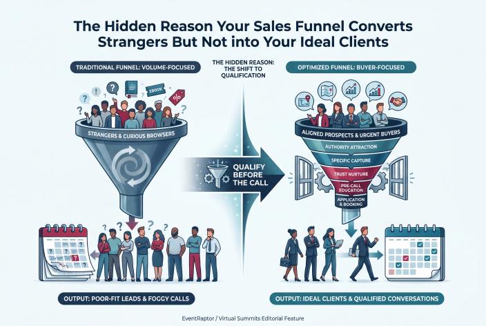 Feature graphic for The Hidden Reason Your Sales Funnel Converts Strangers But Not into Your Ideal Clients. Learn why your funnel attracts curious leads instead of ideal clients and how to redesign it for better qualified sales calls.