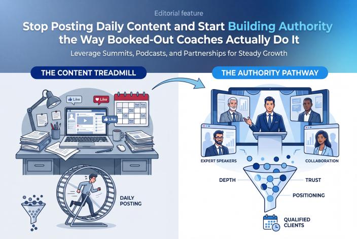 Feature graphic for Stop Posting Daily Content and Start Building Authority the Way Booked-Out Coaches Actually Do It. Daily content is draining coaches without creating steady clients. Build authority through stages, partners, podcasts, and summits instead.