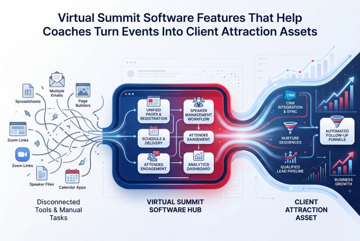 Feature graphic for Virtual Summit Software Features That Help Coaches Turn Events Into Client Attraction Assets. See how EventRaptor helps coaches manage virtual summits and connect event momentum to CRM follow-up and client attraction.