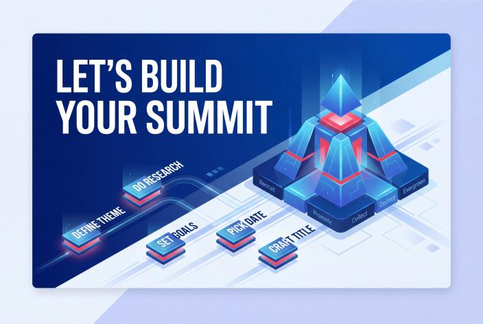 Feature graphic for Let's Build Your Summit. Build your summit from the ground up by starting with the theme, title, research, date, goals, and offer structure.