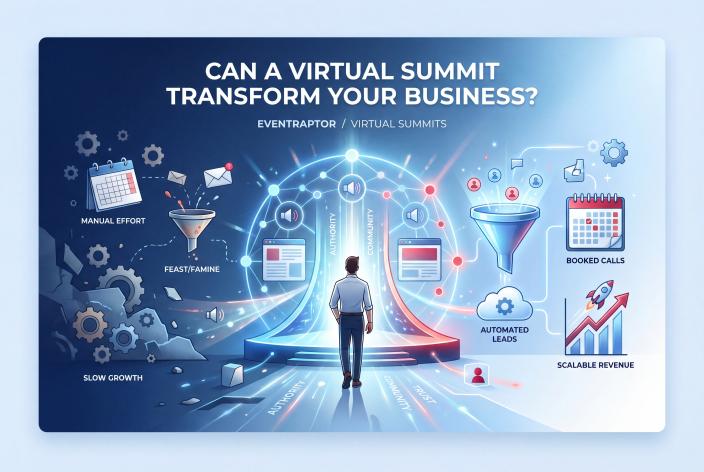 Feature graphic for Can A Virtual Summit Transform Your Business?. If your business needs more trust, reach, and qualified leads, a virtual summit gives people a reason to pay attention now.