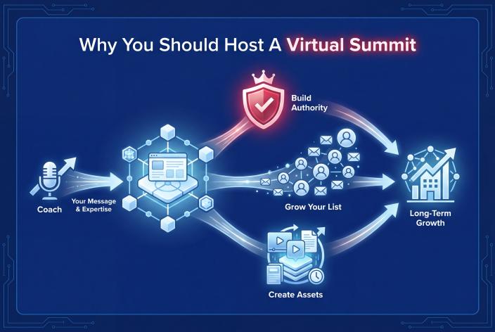Feature graphic for Why You Should Host A Virtual Summit. A virtual summit can help you build authority, grow your list, and create an asset that keeps working after the event ends.