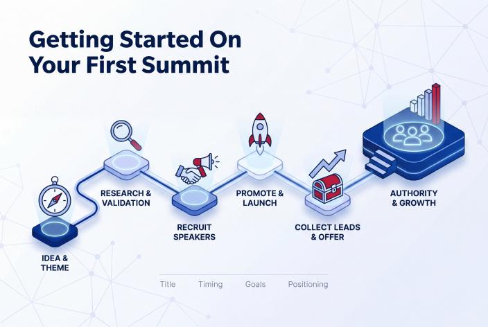 Feature graphic for Getting Started On Your First Summit. Starting your first summit? Begin with the decisions that shape everything: theme, title, timing, goals, and how you will position the offer.