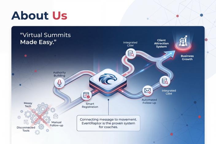 Feature graphic for About Us. EventRaptor helps coaches and experts make virtual summits easier to run and easier to connect to client attraction.