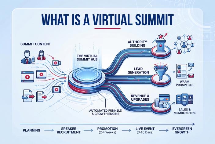 Feature graphic for What Is A Virtual Summit. New to virtual summits? Here is how the model works, why it builds trust fast, and where the lead generation and revenue come from.